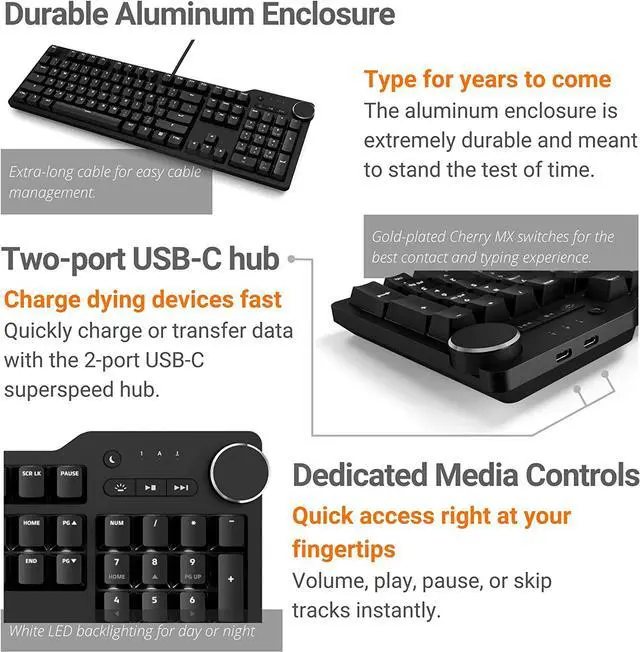 Alt view image 5 of 6 - Das Keyboard 6 Professional Backlit Wired Mechanical Keyboard – Tactile Cherry MX Brown Switches, Shine-Through Keycaps, 2-Port USB C Hub, Media Controls, Durable Aluminum Enclosure, Volume Knob, NKRO