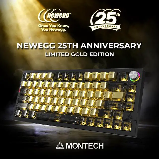 Alt view image 2 of 9 - MONTECH MKey Pro Newegg 25th Anniversary Limited Gold Edition Mechanical Gaming Keyboard, Tri-Mode Bluetooth 5.2 / 2.4GHz Wireless / USB-C Wired, 75% Layout, Hot-Swappable, VIA/QMK, Gateron G Pro 3.0 Brown Switches, RGB