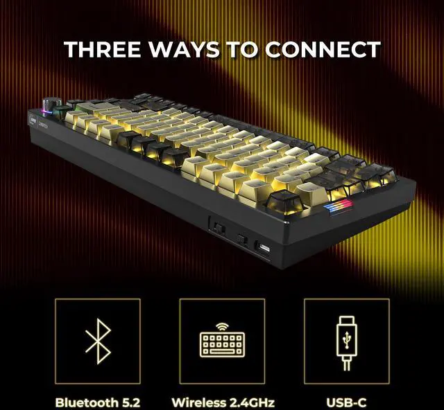 Alt view image 6 of 9 - MONTECH MKey Pro Newegg 25th Anniversary Limited Gold Edition Mechanical Gaming Keyboard, Tri-Mode Bluetooth 5.2 / 2.4GHz Wireless / USB-C Wired, 75% Layout, Hot-Swappable, VIA/QMK, Gateron G Pro 3.0 Brown Switches, RGB