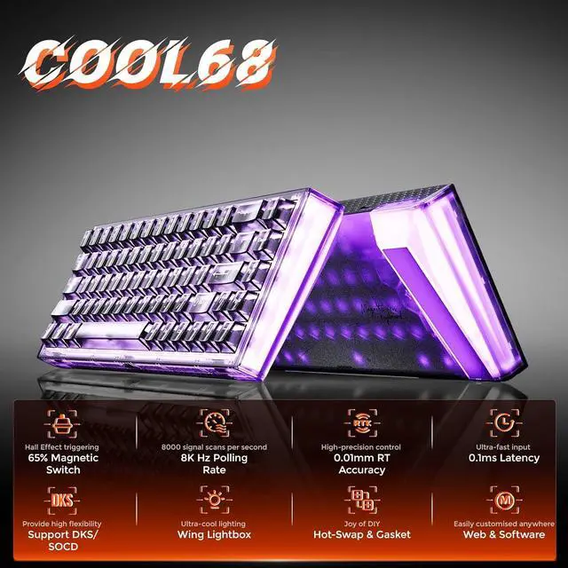 Alt view image 2 of 12 - DAREU COOL68 65% Wired Gaming Keyboard, Rapid Trigger Magnetic Switch Keyboard with 8000Hz Polling Rate, Adjustable Actuation, 0.1ms Latency, Gasket Mount, Hot swappable, RGB Light