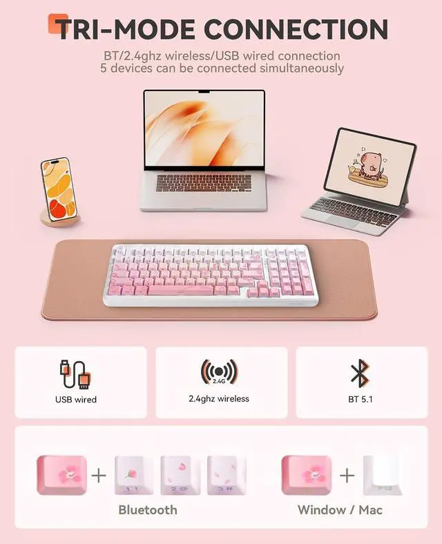Alt view image 3 of 9 - DAREU EK98 Pro Sakura Pink 98-key Wireless Gaming Mechanical Keyboard, Hot-Swap Sockets, Side-Print PBT Keycaps, 4000mAh Battery, RGB Backlit, BT/2.4GHz/USB-C, Compatible with Windows Mac
