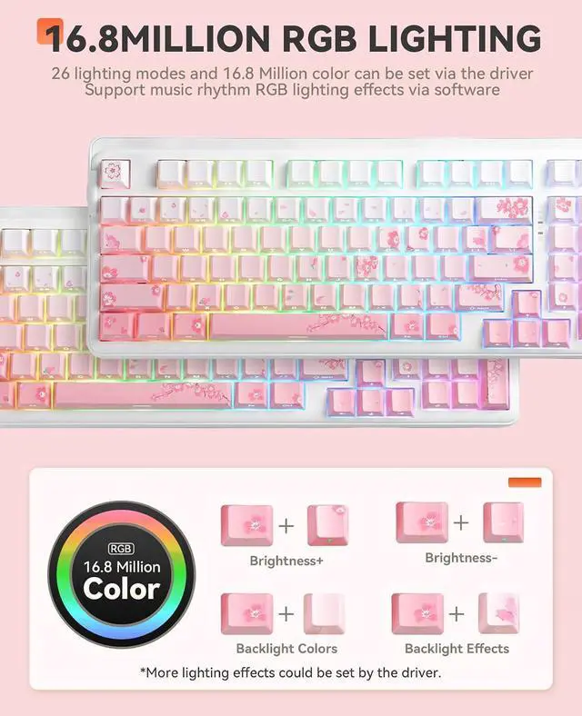 Alt view image 4 of 9 - DAREU EK98 Pro Sakura Pink 98-key Wireless Gaming Mechanical Keyboard, Hot-Swap Sockets, Side-Print PBT Keycaps, 4000mAh Battery, RGB Backlit, BT/2.4GHz/USB-C, Compatible with Windows Mac