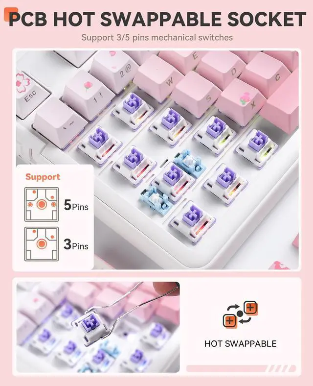Alt view image 6 of 9 - DAREU EK98 Pro Sakura Pink 98-key Wireless Gaming Mechanical Keyboard, Hot-Swap Sockets, Side-Print PBT Keycaps, 4000mAh Battery, RGB Backlit, BT/2.4GHz/USB-C, Compatible with Windows Mac