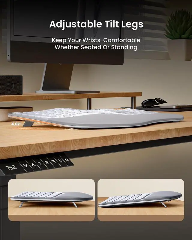 Alt view image 4 of 7 - ProtoArc Full Size Wireless Bluetooth Ergo Keyboard Mouse Combo - Split Design, Wrist Rest, Multi-Device, Rechargeable, for Windows/Mac OS, EKM01 PLUS - Silver