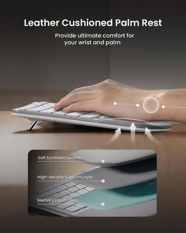 Alt view image 3 of 7 - ProtoArc Full Size Wireless Bluetooth Ergo Keyboard Mouse Combo - Split Design, Wrist Rest, Multi-Device, Rechargeable, for Windows/Mac OS, EKM01 PLUS - Silver