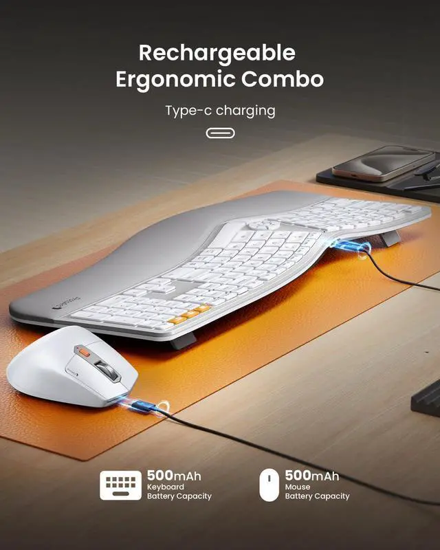 Alt view image 7 of 7 - ProtoArc Full Size Wireless Bluetooth Ergo Keyboard Mouse Combo - Split Design, Wrist Rest, Multi-Device, Rechargeable, for Windows/Mac OS, EKM01 PLUS - Silver