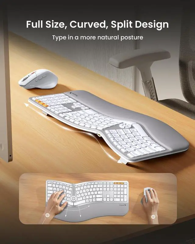 Alt view image 2 of 7 - ProtoArc Full Size Wireless Bluetooth Ergo Keyboard Mouse Combo - Split Design, Wrist Rest, Multi-Device, Rechargeable, for Windows/Mac OS, EKM01 PLUS - Silver