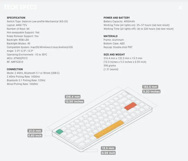 Alt view image 5 of 5 - NuPhy Air75 V2 RGB Low Profile Hotswap Wireless Mechanical Gaming Keyboard 75% Layout (84 Keys), Brown Switches Compatible with Windows, iOS, macOS, Basalt Black