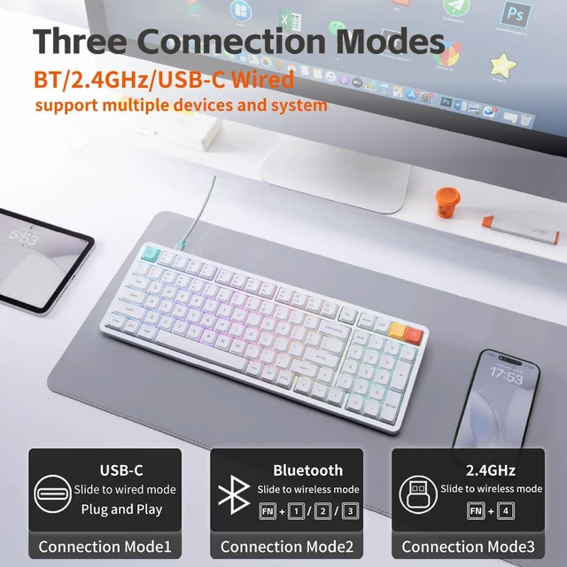 Alt view image 2 of 8 - NuPhy Air100 V3 99 Keys 100% Low-Profile Hot-Swap Wireless Mechanical Keyboard, Gasket Mount, RGB Backlit, Functional Knob, Support Bluetooth/2.4GHz/USB-C, for Mac/Windows, Office - White