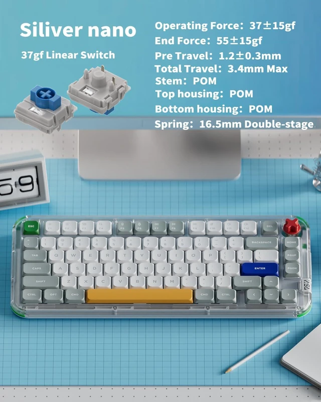 Alt view image 3 of 10 - NuPhy Kick75 80 Keys 75% Low-Profile Hot-Swap Wireless Mechanical Keyboard, Gasket Mount, RGB Backlit, Functional Knob, Support Bluetooth/2.4GHz/USB-C, for Mac/Windows, Gaming & Office - Tape Gray