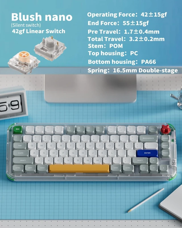 Alt view image 3 of 10 - NuPhy Kick75 80 Keys 75% Low-Profile Hot-Swap Wireless Mechanical Keyboard, Gasket Mount, RGB Backlit, Functional Knob, Support Bluetooth/2.4GHz/USB-C, for Mac/Windows, Gaming & Office - Tape Gray
