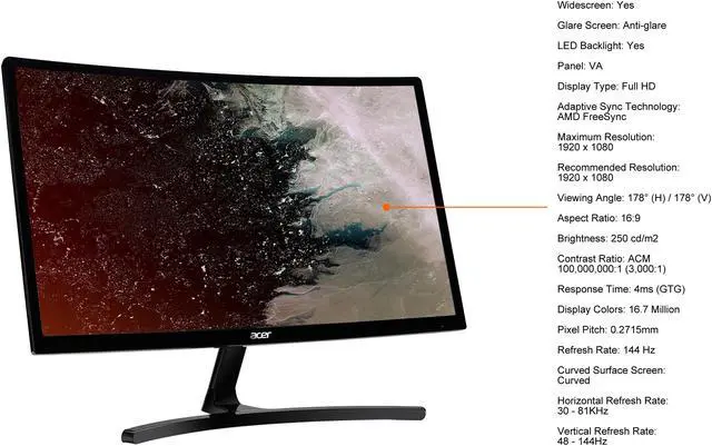 Alt view image 6 of 10 - Acer ED242QR Abidpx 24" Full HD 1920 x 1080 144Hz DVI HDMI DisplayPort AMD FreeSync Technology Widescreen Backlit LED Curved Gaming Monitor