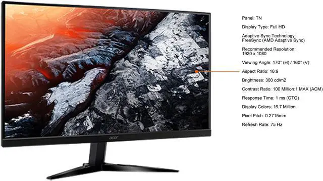 Alt view image 5 of 7 - Acer KG241Q bmiix 24" (23.6" Viewable) 1920 x 1080 Full HD AMD FreeSync 1ms 75Hz VGA, 2 x HDMI, Speaker Gaming Monitor