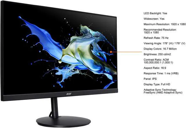 Alt view image 5 of 9 - Acer CB242Y bmirx 24" (23.8" Viewable) Full HD 1920 x 1080 IPS AMD FreeSync 1ms 75Hz VGA, HDMI, Speaker Height Adjustable Gaming Monitor