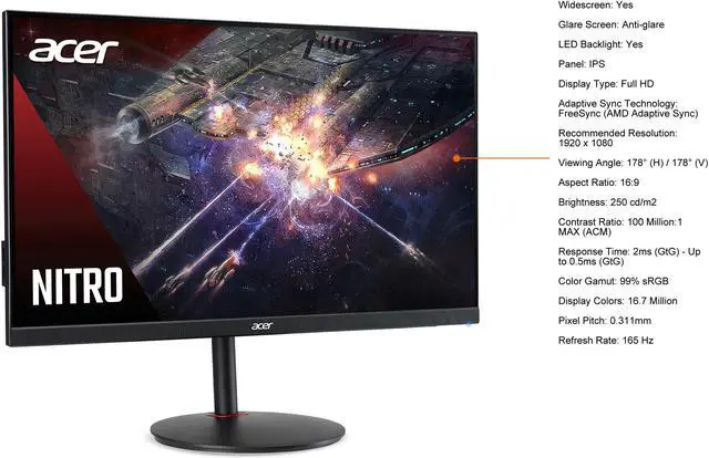 Alt view image 9 of 9 - Acer Nitro XV270 Pbmiiprx 27" 1920 x 1080 Full HD 165Hz 0.5ms (GTG) IPS AMD FreeSync, HDMI, DisplayPort, VESA, Built-In Speakers Swivel, Tilt, Pivot, Height Adjust Gaming Monitor