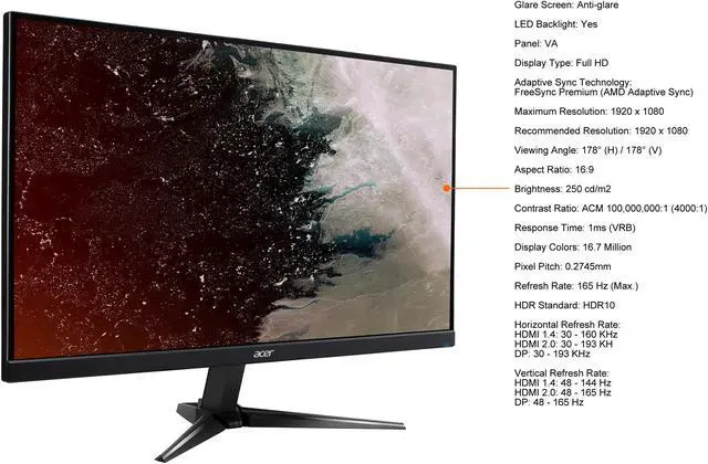 Alt view image 5 of 9 - Acer 24" 165Hz Full HD Gaming Monitor 1ms Freesync Premium (VRB) HDR10 1920 x 1080, 2 x HDMI, DisplayPort, Built-in Speakers NITRO QG1 QG241Y Pbmiipx (23.8" Viewable)
