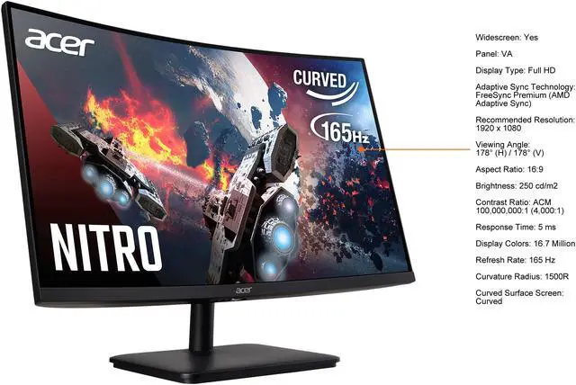 Alt view image 5 of 5 - Acer 27" 165 Hz VA FHD Gaming Monitor FreeSync Premium (AMD Adaptive Sync) HDMI, DisplayPort, Headphone ED0 ED270R Sbiipx