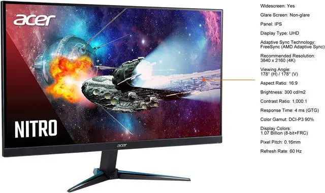 Alt view image 5 of 10 - Acer 28'' 60 Hz IPS UHD IPS Gaming Monitor FreeSync (AMD Adaptive Sync) DCI-P3 90% HDMI, DisplayPort, Audio Nitro VG281K bmiipx