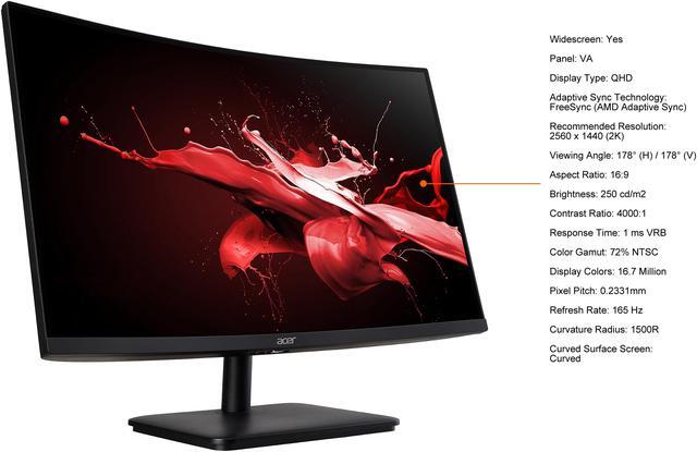Alt view image 5 of 8 - Acer 27" 165 Hz VA QHD Gaming Monitor FreeSync (AMD Adaptive Sync) 72% NTSC HDMI, DisplayPort, Audio ED0 ED270U Pbmiipx