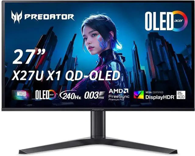Main image of Acer Predator X27U X1bmiiphx 27" WQHD (2560 x 1440) Widescreen OLED Gaming Monitor with AMD FreeSync Premium pro, 240Hz Refresh Rate, 0.03ms Response Time, 1000nits @ HDR 3%, DCI-P3 99%, Delta E<2, (1 x Display Port 1.4, 2 x HDMI 2.1 Ports)