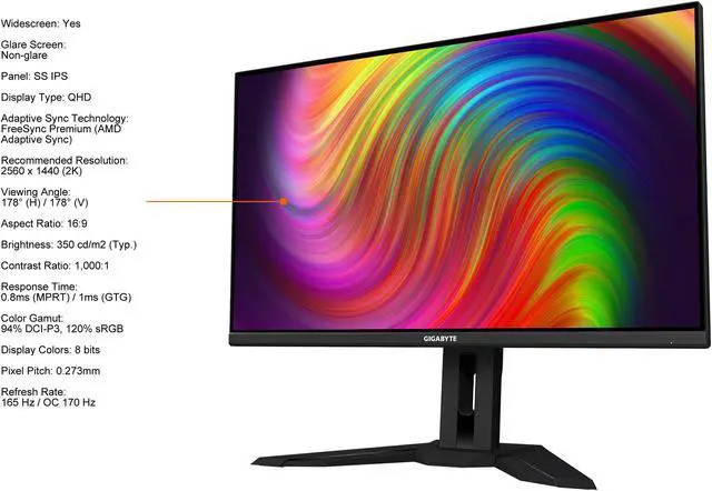 Alt view image 3 of 9 - GIGABYTE 32" 165Hz 1440P SS IPS KVM Gaming Monitor, 0.8ms, FreeSync Premium, QHD 2560 x 1440, 94% DCI-P3, HDR Ready, 1x DisplayPort 1.2, 2x HDMI 2.0, 3x USB 3.0, 1x USB Type-C, M32Q  (170Hz OC)