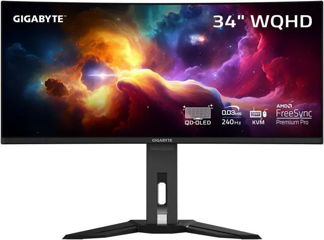 Main image of GIGABYTE - MO34WQC2 (US) - 34" QD-OLED Curved Gaming Monitor - WQHD 3440x1440 - Curved - 240 Hz - 0.03ms GTG - AMD FreeSync Premium Pro - Type C KVM - HDMI, DP, Type C - Height Adjustable - Black