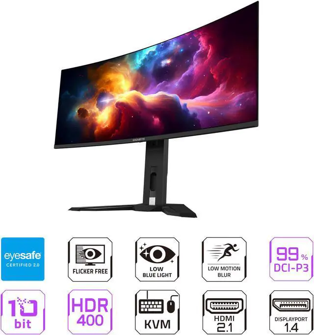 Alt view image 2 of 6 - GIGABYTE - MO34WQC2 (US) - 34" QD-OLED Curved Gaming Monitor - WQHD 3440x1440 - Curved - 240 Hz - 0.03ms GTG - AMD FreeSync Premium Pro - Type C KVM - HDMI, DP, Type C - Height Adjustable - Black