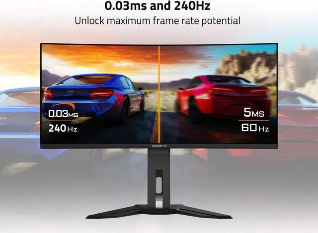 Alt view image 3 of 6 - GIGABYTE - MO34WQC2 (US) - 34" QD-OLED Curved Gaming Monitor - WQHD 3440x1440 - Curved - 240 Hz - 0.03ms GTG - AMD FreeSync Premium Pro - Type C KVM - HDMI, DP, Type C - Height Adjustable - Black
