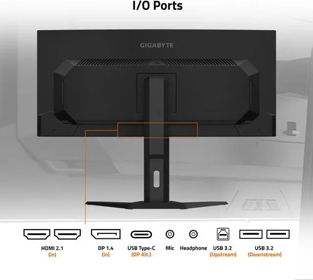 Alt view image 4 of 6 - GIGABYTE - MO34WQC2 (US) - 34" QD-OLED Curved Gaming Monitor - WQHD 3440x1440 - Curved - 240 Hz - 0.03ms GTG - AMD FreeSync Premium Pro - Type C KVM - HDMI, DP, Type C - Height Adjustable - Black