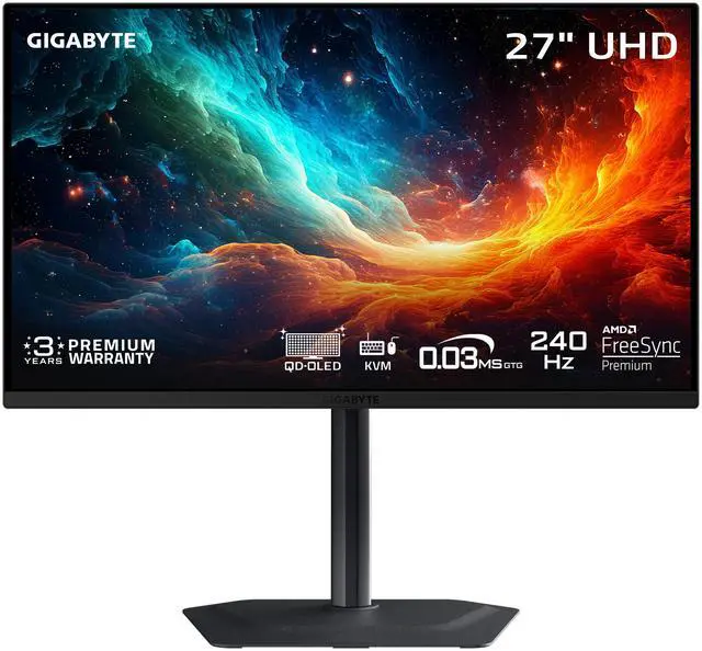 Main image of GIGABYTE - MO27U2 - 27" QD-OLED Gaming Monitor - UHD 3840x2160 - 240Hz - 0.03ms GTG - AMD FreeSync Premium Pro, G-SYNC Compatible - Type C KVM - HDMI, DP, Type-C - Height and Tilt Adjustable - Black