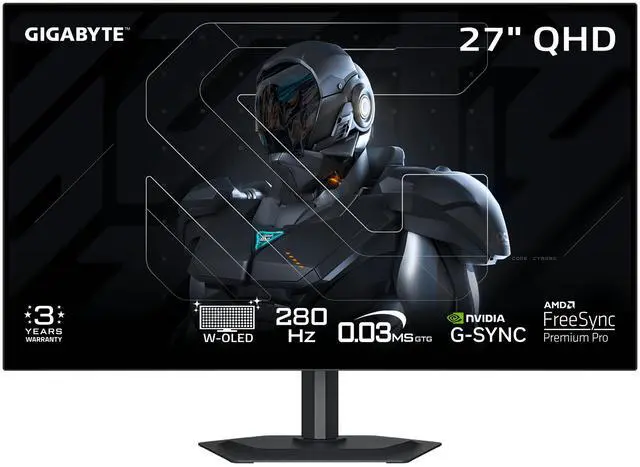 Main image of GIGABYTE MO27Q28G 27" W-OLED Gaming Monitor QHD 2560x1440 280Hz 0.03ms GTG - AMD FreeSync Premium Pro, G-SYNC Compatible - Type-C KVM - HDMI, DP, Type-C Height and Tilt Adjustable - Black