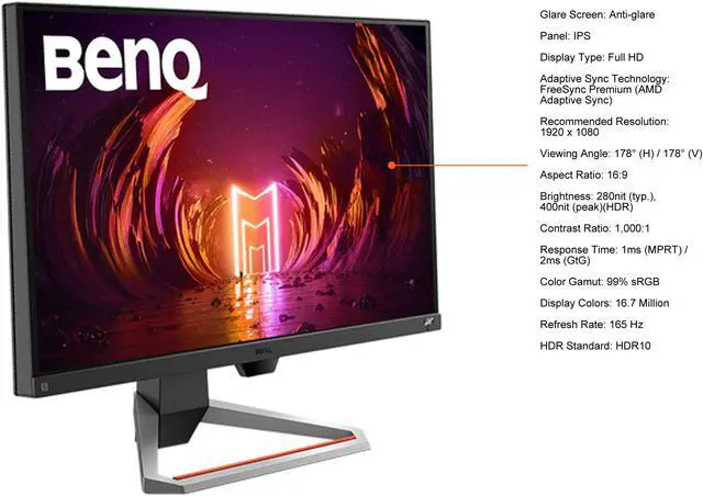 Alt view image 5 of 10 - BenQ MOBIUZ EX2710S 27" FHD 1920 x 1080 165 Hz HDMI, DisplayPort, Audio FreeSync Premium (AMD Adaptive Sync) Built-in Speakers Flat Panel IPS Gaming Monitor