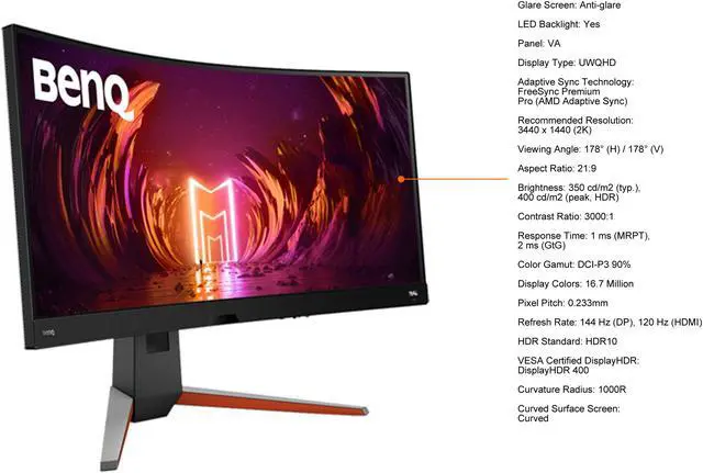 Alt view image 5 of 11 - BenQ EX3410R 34" UWQHD 3440 x 1440 (2K) 144 Hz (DP), 120 Hz (HDMI) HDMI, DisplayPort, USB, Audio FreeSync Premium Pro (AMD Adaptive Sync) Built-in Speakers Curved Gaming Monitor