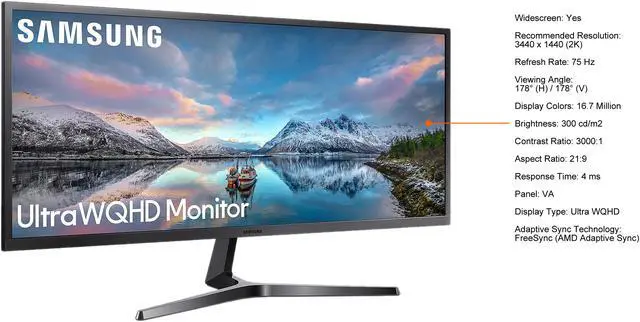 Alt view image 5 of 15 - Samsung LS34J550WQNXZA 34" 3440 x 1440 Ultra WQHD 21:9 2K Resolution 4ms 75Hz 2x HDMI DisplayPort AMD FreeSync Eye Saver Flicker Free LED Backlit Monitor