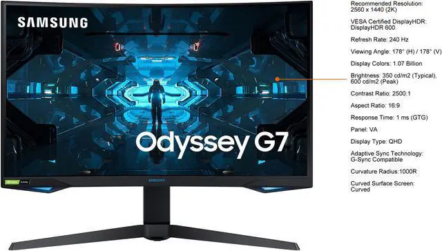 Alt view image 12 of 12 - SAMSUNG Odyssey G7 LC32G75TQSNXZA 32" (31.5" Viewable) QHD 2560 x 1440 (2K) 1ms GTG 240Hz, HDMI 2xDisplayPort, USB, G-Sync Compatible, Pivot, Swivel, Height Adjust Curved Gaming Monitor