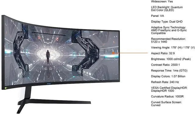 Alt view image 13 of 13 - SAMSUNG Odyssey G9 Series LC49G97TSSNXDC 49" Dual QHD 5120 x 1440 2K 1ms (GTG) 240Hz HDMI, 2x DisplayPort, 2x USB 3.0 AMD FreeSync and G-Sync Compatible Curved DisplayHDR 1000 QLED Gaming Monitor