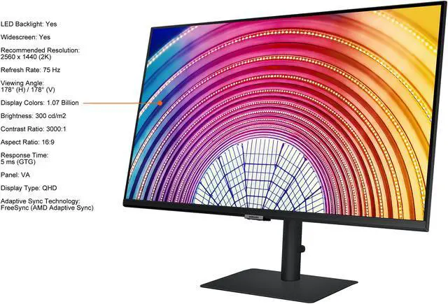 Alt view image 5 of 15 - SAMSUNG ViewFinity S60A LS32A600NWNXGO 32" QHD 2560 x 1440 (2K) 75 Hz HDMI, DisplayPort, USB, Headphone HDR10 AMD FreeSync Monitor