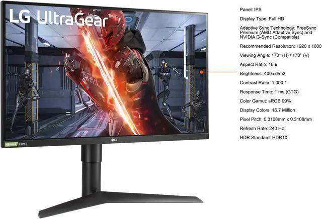 Alt view image 5 of 13 - LG 27" Gaming Monitor Full HD 1920 x 1080 1ms (GTG) 240Hz 2xHDMI DisplayPort USB Hub AMD RADEON FreeSync G-Sync Compatible Flicker Safe Backlit LED Height, Pivot, Tilt Adjust 27GN750-B