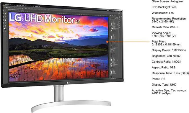 Alt view image 5 of 12 - LG 32UN650-W 32" (31.5" Viewable) UHD 3840 x 2160 (4K) 5 ms (GTG) 60 Hz HDMI, DisplayPort AMD FreeSync Built-in Speakers IPS HDR Monitor with FreeSync