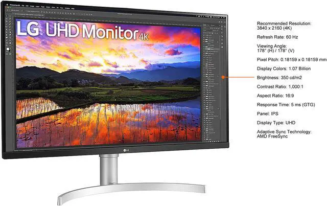 Alt view image 5 of 5 - LG 31.5" 60 Hz IPS UHD IPS HDR Monitor, A-Grade 5 ms (GTG) AMD FreeSync HDMI, DisplayPort 32UN650-W