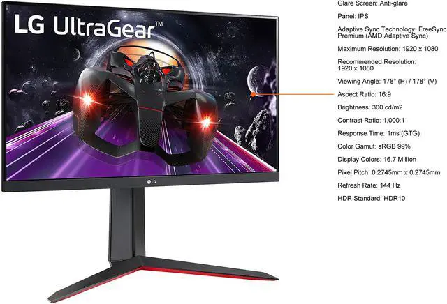 Alt view image 5 of 10 - LG 24" 24GN650-B UltraGear FHD IPS 1ms 144Hz HDR HDMI, DisplayPort, Audio AMD FreeSync Premium Tilt Pivot Height Adjust Gaming Monitor