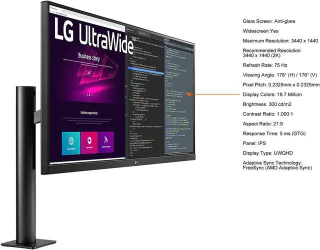 Alt view image 5 of 18 - LG UltraWide 34WN780-B 34" UWQHD 3440 x 1440 (2K) 75 Hz HDMI, DisplayPort, USB, Audio FreeSync (AMD Adaptive Sync) Built-in Speakers IPS Monitor
