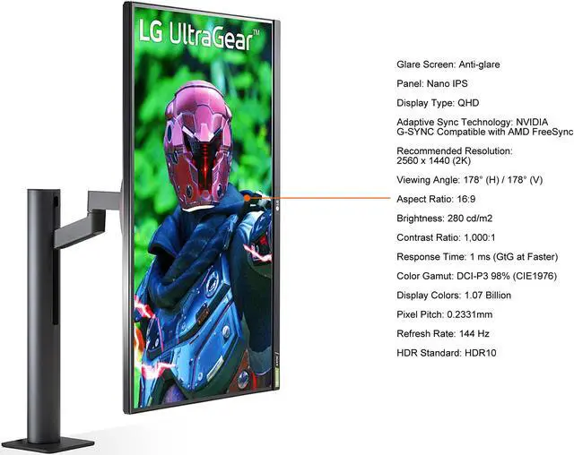 Alt view image 8 of 18 - LG 27" 144 Hz Nano IPS QHD Nano IPS Gaming Monitor NVIDIA G-SYNC Compatible with AMD FreeSync DCI-P3 98% (CIE1976) HDMI, DisplayPort, Audio UltraGear 27GN880-B