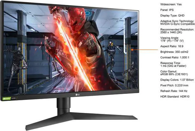 Alt view image 5 of 17 - LG UltraGear 27" Gaming Monitor 27GL83A-B QHD 2560 x 1440 (2K) 144 Hz 1ms HDMI, DisplayPort, Audio NVIDIA G-Sync Compatible IPS Height, Pivot, Tilt Adjust