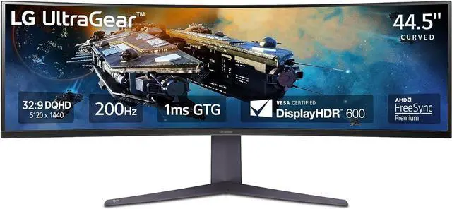 Main image of LG 45GR65DC-B 45" Ultragear Curved Gaming Monitor, QHD, 200Hz, 1ms, UltraWide Display, 32:9, AMD FreeSync Premium Pro, VESA DisplayHDR 600, HDMI 2.1 x2, DP, UBS x3, Tilt/Height/Swivel Stand Black