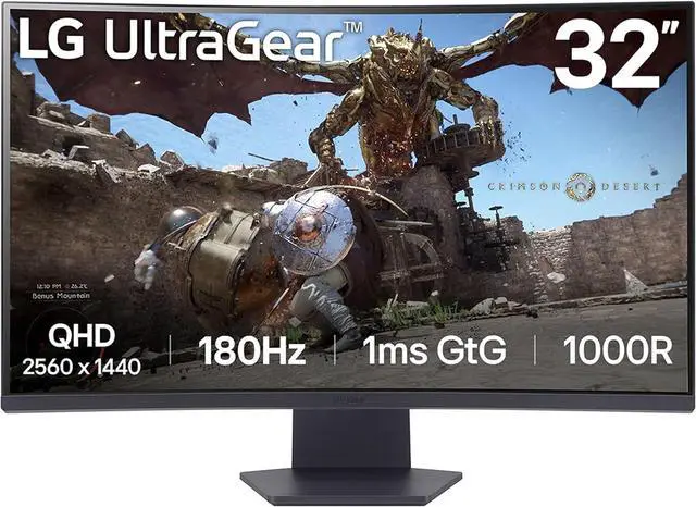 Main image of LG 32GS60QC-B Ultragear 32-inch Curved Gaming Monitor QHD (2560x1440) 180Hz 1ms 1000R AMD FreeSync HDR10 HDMIx2 DisplayPort Borderless Design Black Stabilizer DAS Crosshair FPS Counter - Black