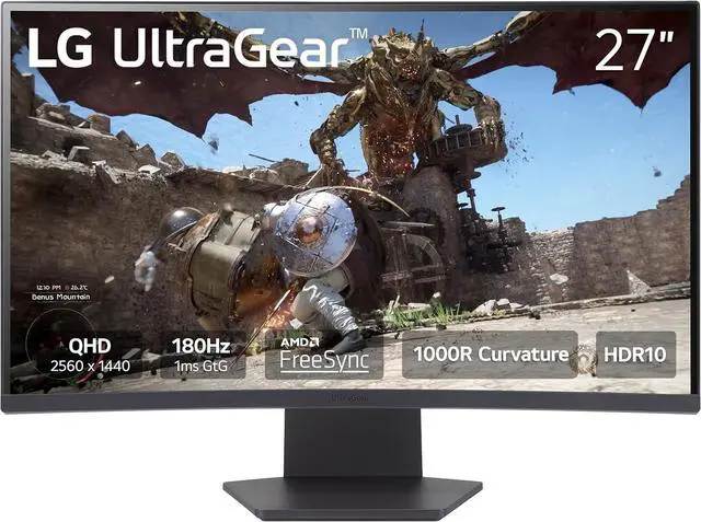 Main image of LG 27GS60QC-B Ultragear Curved Gaming Monitor 27-Inch QHD (2560x1440) 180Hz 1ms 1000R AMD FreeSync HDR10 HDMIx2 DisplayPort Borderless Design Black Stabilizer DAS Crosshair FPS Counter - Black