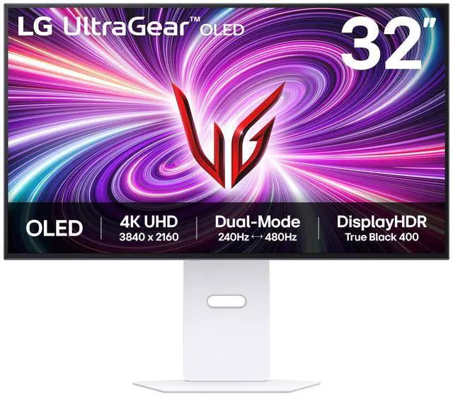 Main image of LG UltraGear 32" 4K UHD 3840x2160 OLED Dual-Mode UHD 240Hz / FHD 480Hz 0.03ms (GtG) Height Adjustable 2x HDMI 2.1 1x DisplayPort 1.4 Gaming Monitor, 32GS95UV-W, White