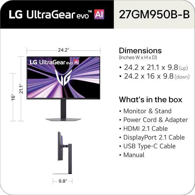 Alt view image 11 of 20 - LG UltraGear evo AI 27 inch Dual Mode 5K 165Hz QHD 2K 1440P 330Hz IPS MINI LED AMD FreeSync Premium & G-Sync Compatible HDR1000 1ms USB-C Built-in Speaker Gaming Computer Monitor with Height/Swivel/Pivot/Tilt Stand 27GM950B-B