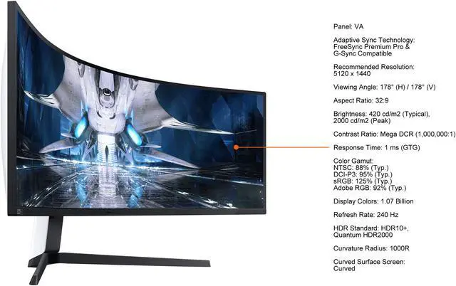 Alt view image 8 of 17 - Samsung Odyssey Neo G9 49" LS49AG952NNXZA 5120 x 1440 (2K) 240Hz 1ms (GTG) FreeSync Premium Pro G-Sync Compatible, DisplayPort HDMI, Height Adjust VESA Tilt Swivel Curved Gaming Monitor